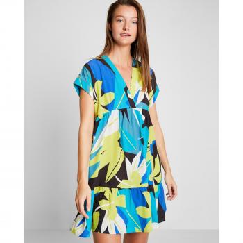 TRUCCO - Vestido playero fluido estampado floral para mujer, manga corta, cuello pico y volante en bajo