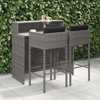 3-Piece Gray Poly Rattan Garden Bar Set with Cushions