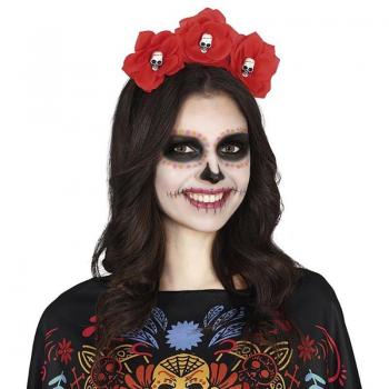 Diadema de Flores rojas con Calaveras