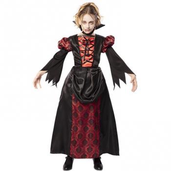 Disfraz de Vampiresa Gótica para niña, incluye vestido negro con detalles en rojo, capa larga, guantes y accesorios como collares o diademas