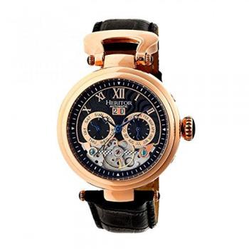 Heritor Automatic Ganzi Men's Semi-Skeleton Leather Watch - 44mm, Black & Rose Gold with Date