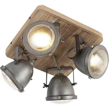 Plafón industrial de acero y madera orientable con 4 luces, dimensiones 27 x 27 x 18 cm, adecuado para LED, potencia máxima de 4 x 25 Watt