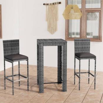 3-Piece Gray Synthetic Rattan Garden Bar Set with Cushions