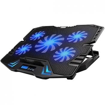 Ewent EW1259 Base de Refrigeración Gaming para Portátil 12-17 Pulgadas, con 5 Ventiladores, Luz LED Azul y 2 Puertos USB