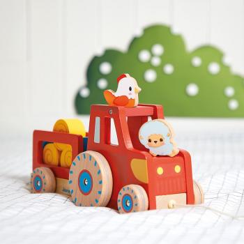Tractor de madera rojo para arrastrar con temática de granja - Janod