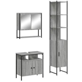 Set de muebles de baño 3 piezas madera contrachapada gris sonoma con armarios de lavabo, espejo de pared y estantes para aseo
