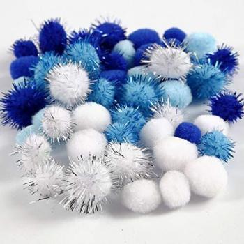 Pompones de 15 y 20 mm, azul claro, azul oscuro, blanco, 48 unidades, 1 paquete