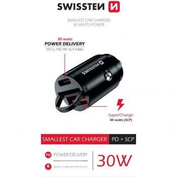 Swissten Adaptador de Coche USB-C Power Delivery 30W Carga Rápida Super Charge 3.0 Nano Negro