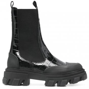 Ganni Women's Chelsea Mid Boots in Black, Size 41, Crocodile Effect Slip-On Design