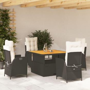 5 Piece Black Poly Rattan Garden Dining Set with Cushions