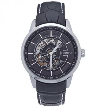 Heritor Automatic Men's Semi-Skeleton Leather-Band Watch - Silver/Black