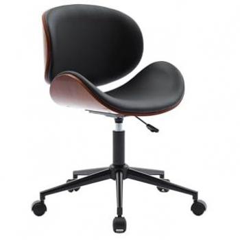 Silla de Oficina Dwight con Ruedas, Madera Curvada y Acabado en Polipiel Negro, 51x53x87 cm