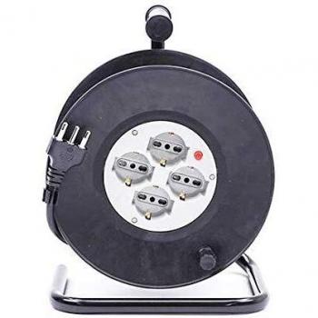 Prolunga eléctrica avvolgicavo 25m con 4 tomas Bipasso/Schuko y protección térmica metálica, enchufe 16A