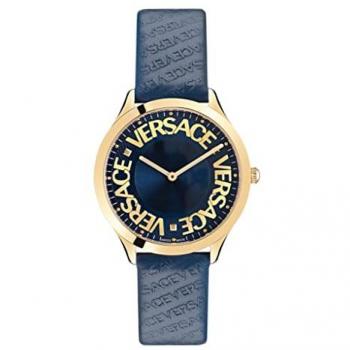 Versace Logo Halo Blue Gold Leather Quartz Watch for Women