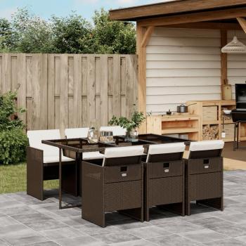7-Piece Brown Poly Rattan Garden Dining Set with Cushions