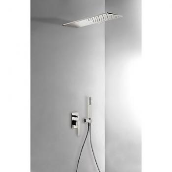 Tres Griferia - Kit De Ducha Monomando Empotrado Con Cierre Y Regulación De Caudal. · Cuerpo Empotrado Incluido · Rociador Ducha Inox A Pared 160X550 Mm. · Soporte Con Toma Pared. · Ducha Móvil Anticalcárea. · Flexo Satin