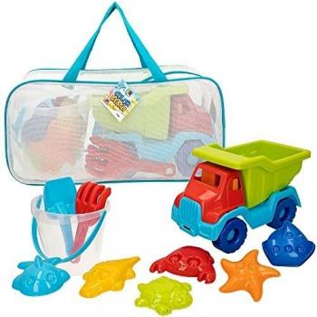 ColorBaby - Juguetes de playa para niños, bolsa juguetes playa, cubo arena, diámetro 18 cm, cedazo, pala, rastrillo, regadera, camión, moldes arena, +18mese