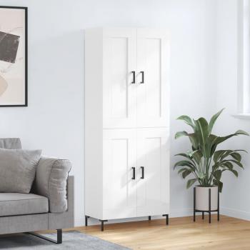 Aparador alto de madera contrachapada blanco brillo 69,5x34x180 cm con 2 puertas de madera, mueble de almacenaje para salón, buffet y armario auxiliar