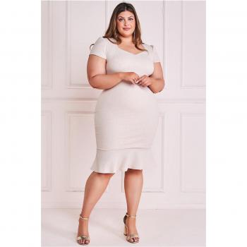 Goddiva Plus Fitted Short Sleeve Midi Glitter Dress with Hem - Stone - Size 16 UK