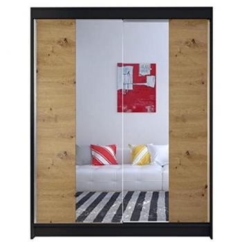 Armario Corredero Atlanta 141 Negro y Roble Artisan, 200x150x58cm, 5 Estantes, con Espejo