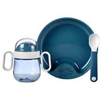 Set de Vajilla para Bebés Mepal Mio 3 Piezas - Azul Profundo, Incluye Plato Antideslizante, Cuchara y Vaso Antiderrame, Libre de BPA