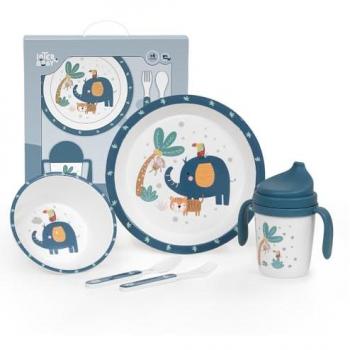 Vajilla Infantil Interbaby Jungla Azul - Set de 5 Piezas con Plato, Bol, Cuchara, Tenedor y Vaso Antigoteo | Apta para Microondas y Lavavajillas | Para Bebés