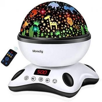 Moredig - Lámpara Proyector Infantil y Música, Lámpara Proyector Función de Temporización y Control Remoto, 360° Rotación Lámpara Proyector Estrellas