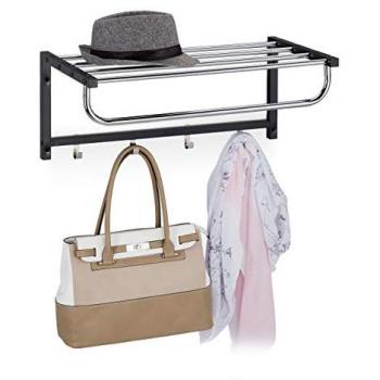 Perchero de Pared con Estante y 4 Ganchos, Toallero para Baño y Recibidor, Metal Negro, 25 x 60 x 32.5 cm