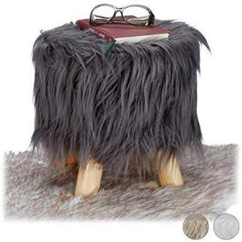 Taburete Bajo de Pelo Sintético Suave con 4 Patas de Madera, Gris, 31 x 31 cm