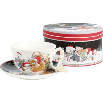 Taza de té con plato Xmas perros - Set navideño para los amantes de los perros