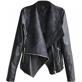 SODIAL (R) Moda vendimia de las mujeres delgado para la motorista de la motocicleta de la PU de cuero suave capa de la cremallera de la chaqueta Negro - S