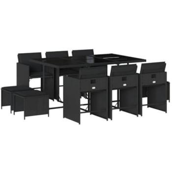 Set de Comedor de Jardín 11 Piezas con Cojines de Ratán Sintético Negro