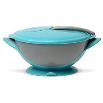 Kiokids Cuenco Antivuelco Con Tapa Y Cuchara En Azul Y Gris