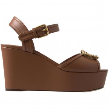 Dolce & Gabbana Brown Leather AMORE Wedges Sandals Shoes - EU38/US7.5