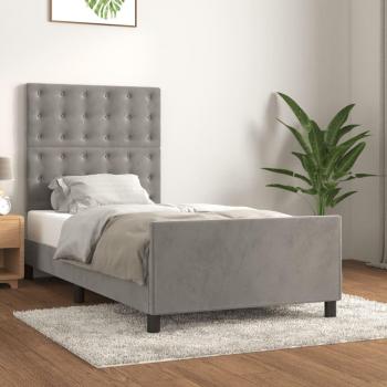 Cama solar sin colchón de terciopelo gris claro 100x200 cm con estructura y cabecero de terciopelo gris claro