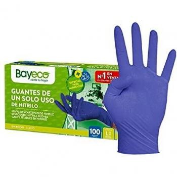 Bayeco - Guantes de un solo uso de Nitrilo - Color Azul - Ambidiestros - Terminación bordillo enrollado - Dedos texturizados para mejor agarre - Pack dispensador de 100 unidades - Talla L
