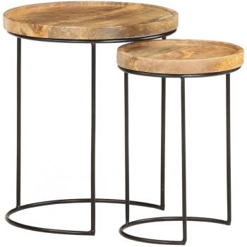 2 Piece Solid Mango Wood and Steel Coffee Table Set
