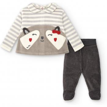 Conjunto de Bebé Niña 2 Piezas Gris con Mapache Bordado y Manga Larga