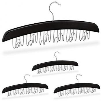 Set de 4 Perchas para Cinturones con 12 Ganchos, Colgador Giratorio de Madera, 17.5 x 43 x 5.5 cm, Color Negro y Plateado
