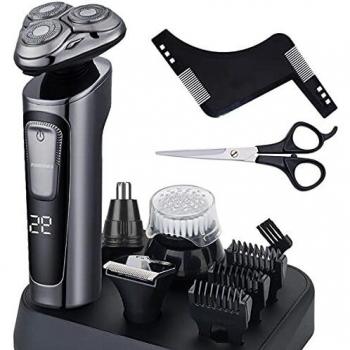 Afeitadora Barba Hombre,4D Afeitadora Eléctrica Rotativa Recortadora de Barba Recortador de Nariz Cepillo de limpieza Facial,Impermeable Húmedo & Seco USB Recargable Pantalla LED Afeitadora 4 en 1