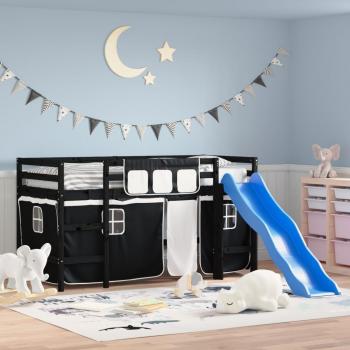Cama Alta Niños Pino Blanco y Negro 90x200 cm con cortinas Vidaxl