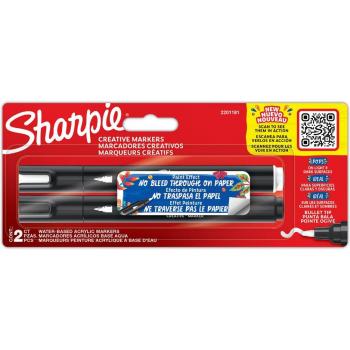 Estuche de 2 rotuladores Sharpie Creative Marker con punta de pincel en colores blanco y negro, incluye rotulador Sharpie Acrylic con punta redonda en blister de 2 unidades en color blanco y negro