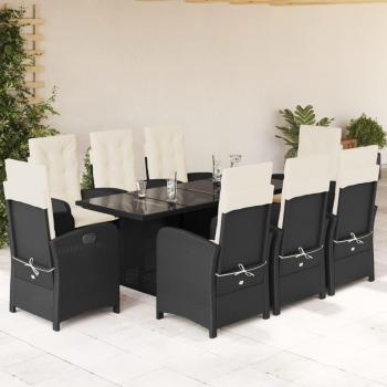 9-Piece Outdoor Dining Set with Black Cushions in Poly Rattan