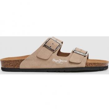 Pepe Jeans Women's Beige Suede Sandals with Double Buckle Closure