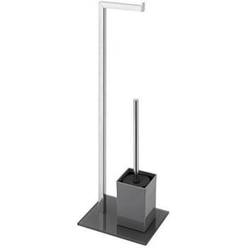 Piantana Porta Rollo y Escobilla de Baño Metálica con Base de Vidrio Gris 18x22x70.5 cm - Feridras 810002