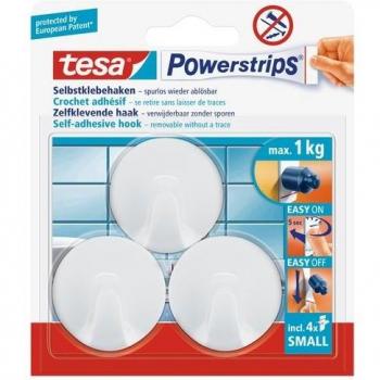 Gancho Adhesivo Redondo Tesa Powerstrips Blanco (Max 1kg, Pack de 3)
