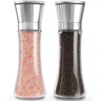 SEFONE Molinos de Sal y Pimienta, Juego de Molinillo de Pimienta 304 de Alta Calidad, Cuerpo Alto de Vidrio de 6 oz, Rotor de Cerámica Ajustable de 5 Grados, 2 Piezas