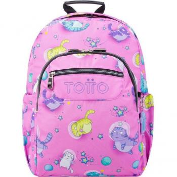 Mochila Totto Acuareles escolar con diseño de gatos astronautas adaptable a carro