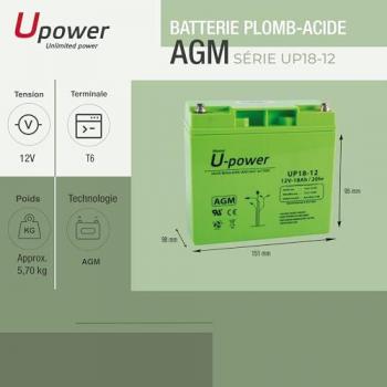 Batería AGM U-Power 12V 18Ah para Sistemas de Seguridad, Eléctricos, Silla Ruedas y Carro Golf