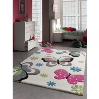 Alfombra alfombra de los niños del juego de la mariposa Diseño Crema Rosa Gris Verde Azul Größe 140x200 cm